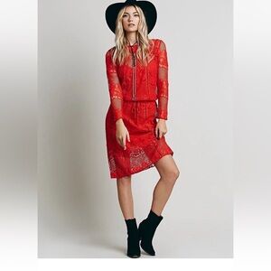 Free People Luna Long-Sleeve Crocheted Lace Dress in Pimento Small NWT